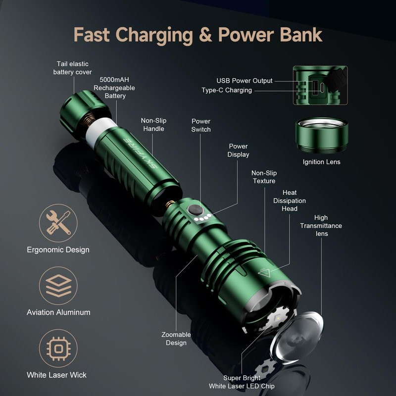 SKYFIRE 1376 LED Flashlights with Ignition Lens, Rechargeable 2000 High Lumens Zoomable Flash Light, 5 Modes Waterproof IPX6 Powerful Tactical Flashlight for Emergency Camping Essentials Home (Green)