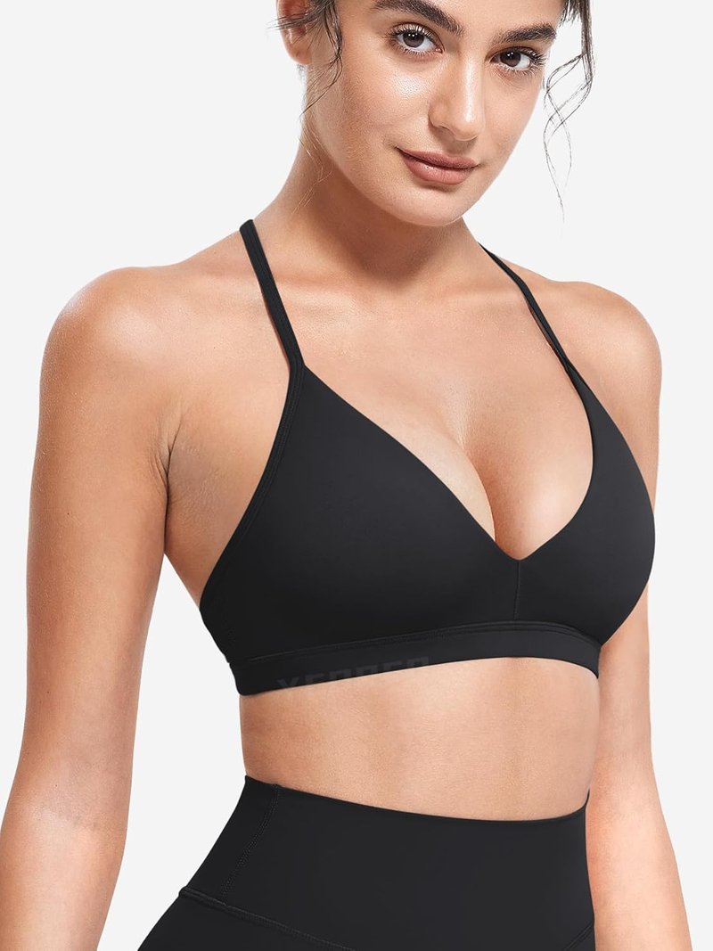 CoreFlex Sports Bras for Women - Strappy Padded Halter Design | Light Impact Deep V Neck Yoga Tops