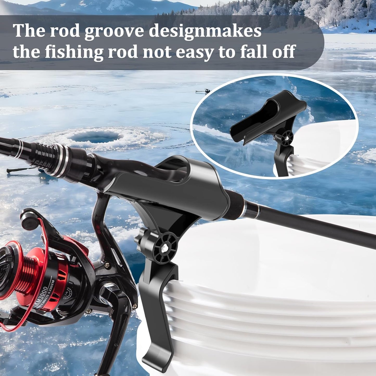 Adjustable Bucket Rod Holder for Ice Fishing - Clip-On Mount, Foldable & Adjustable Angle