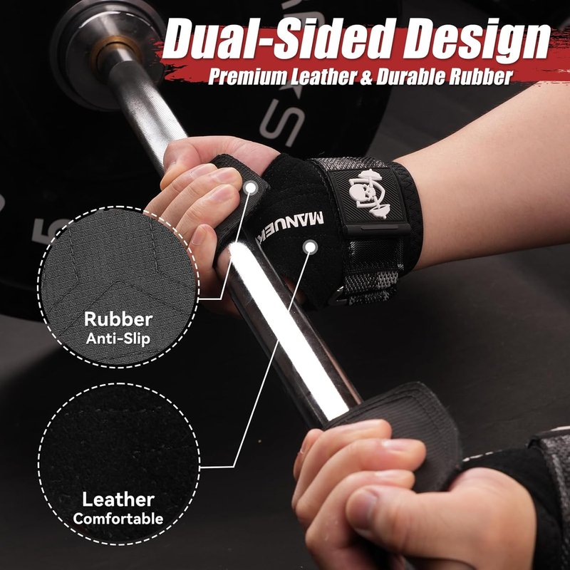 Gym Straps for Weight Lifting - Double Leather Deadlift Straps with Cushion Wrist Loop | Perfect for Men
