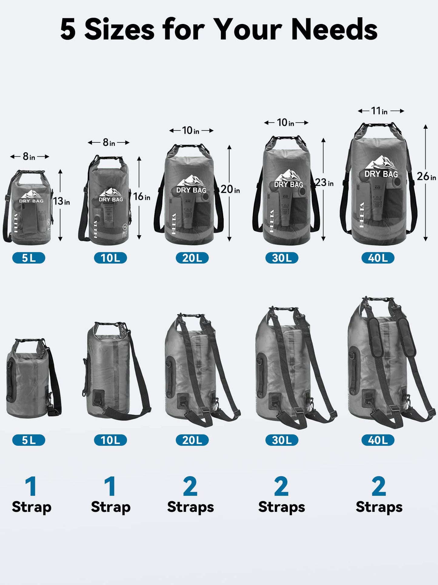 HEETA Dry Bag Waterproof for Women Men, Roll Top Lightweight Dry Storage Bag Backpack with Phone Case for Travel Swimming Boating Kayaking Paddle Board Camping Beach Accessories(Transparent Black,10L)