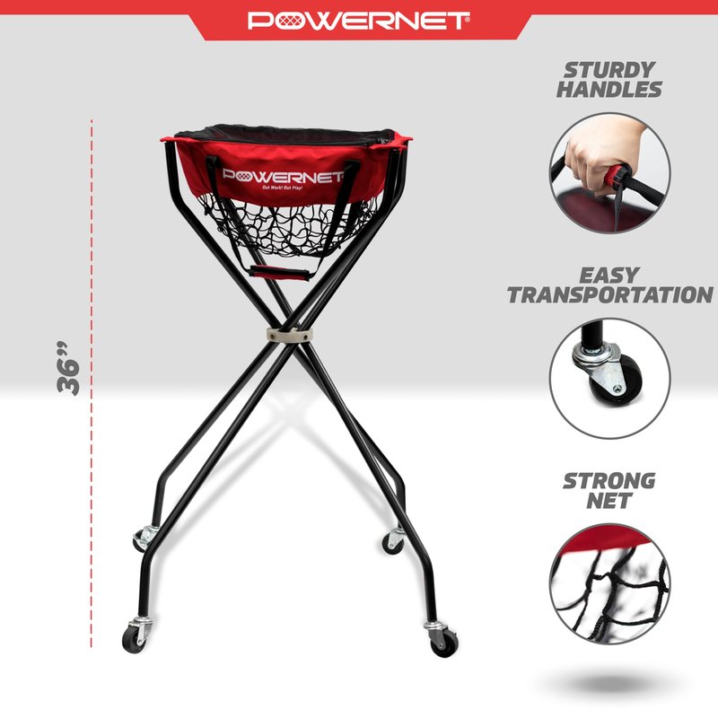 PowerNet Baseball, Softball & Tennis Ball Caddy, 36" Portable Cart with Wheels Holds up to 100 Tennis Balls, Baseball Holder (Wheeled Caddy)