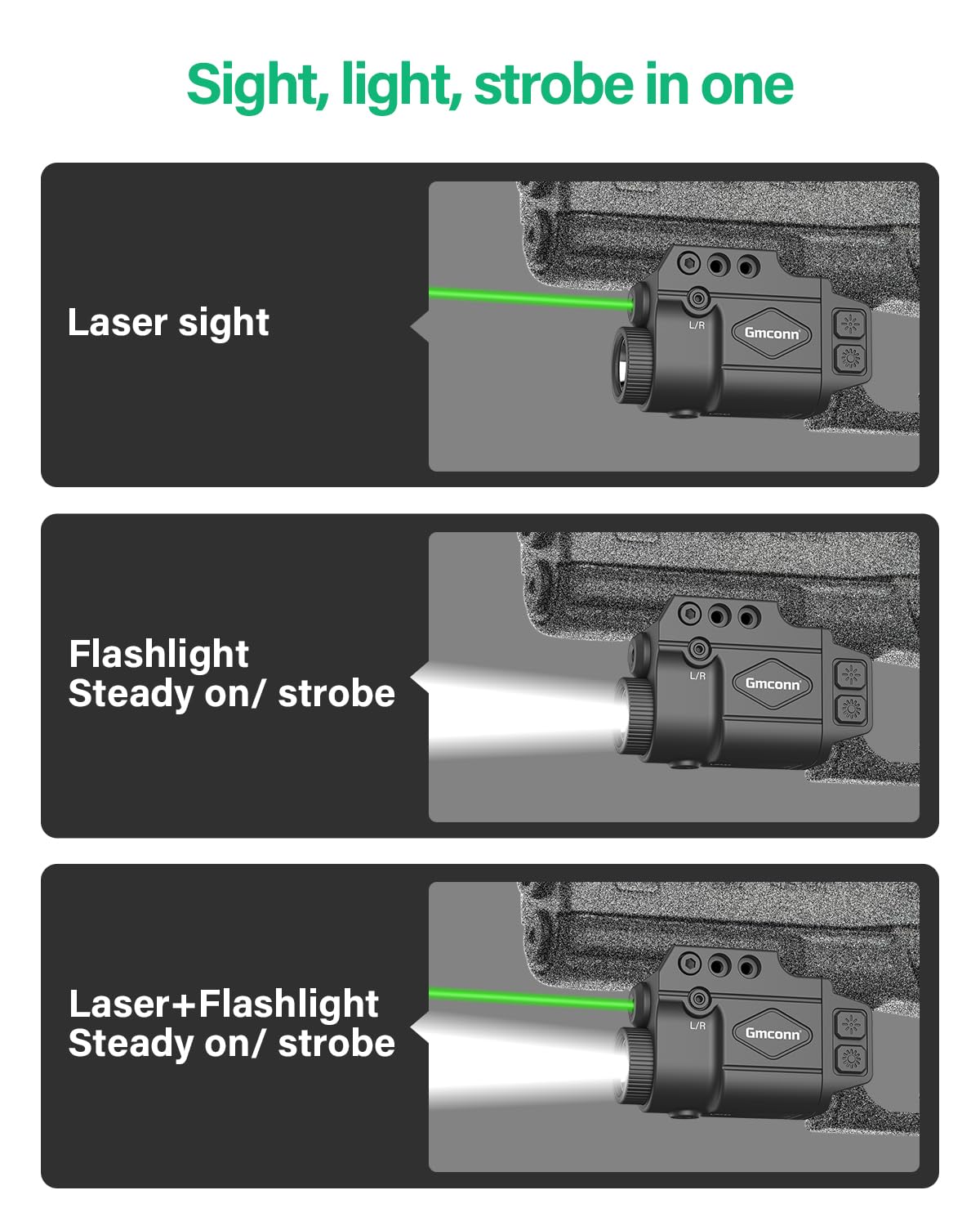 Gmconn 800 Lumen Green Laser Light Combo for Pistol | Tactical Flashlight with Strobe & Momentary Function