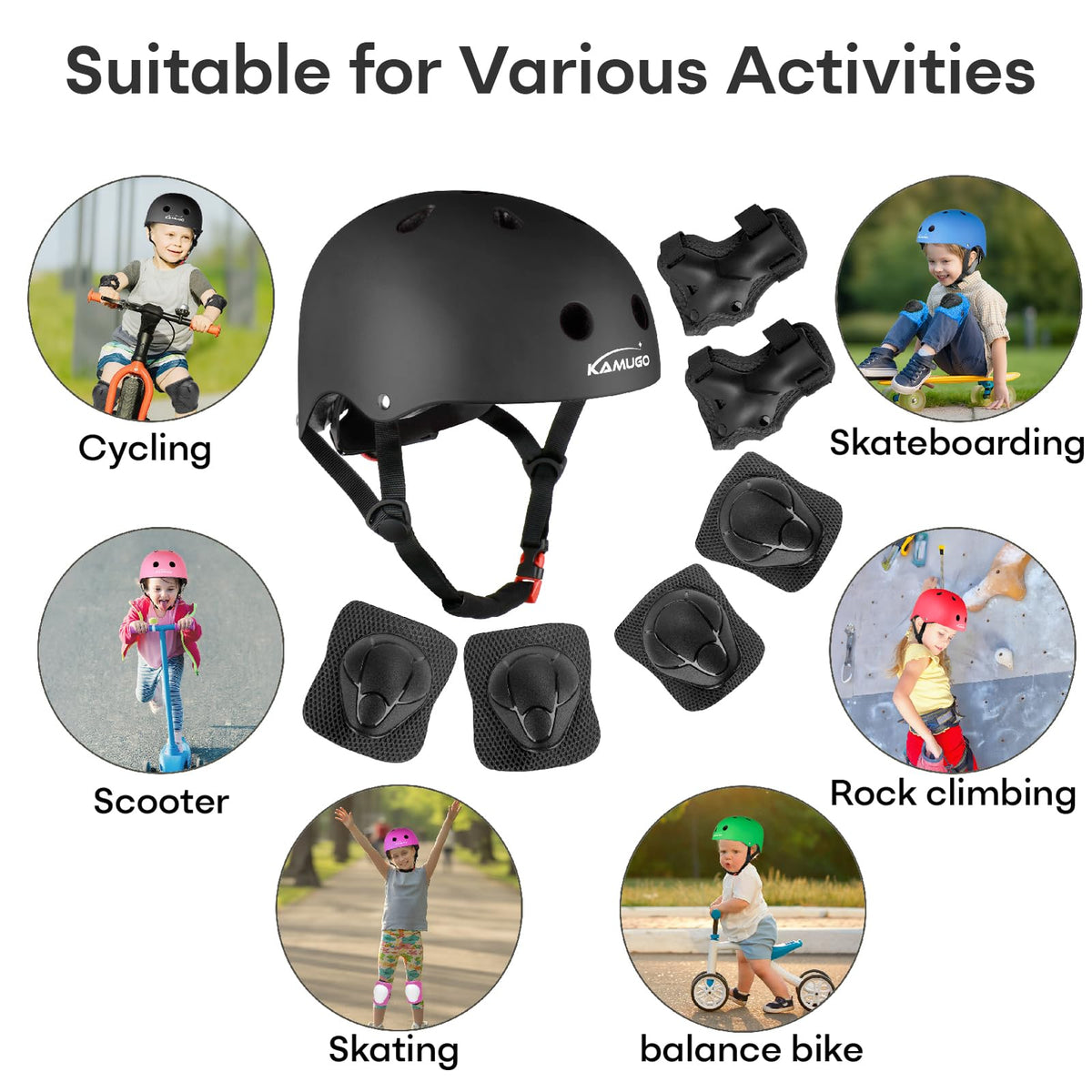 KAMUGO Kids Bike Helmet, Toddler Helmet for Ages 2-8 Boys Girls with Sports Protective Gear Set Knee Elbow Wrist Pads for Skateboard Cycling Scooter Rollerblading (Black)
