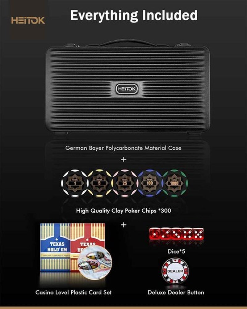 HEITOK Clay Poker Chip Set for Texas Hold’em, 300 PCS with Denominations, 14g Professional Casino Blackjack Set, high-end Carrying case with Leather Interior Design and German Polycarbonate Shell
