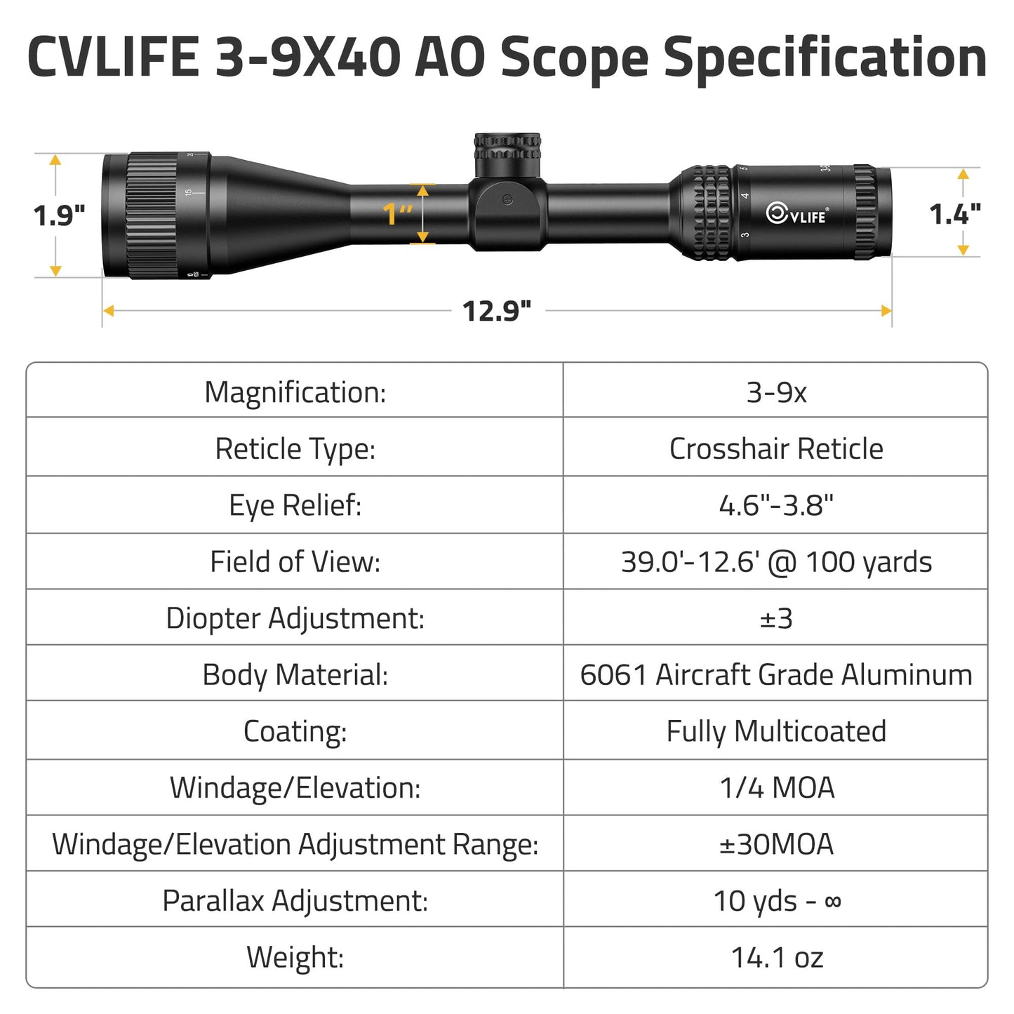 CVLIFE JackalHowl F02 3-9x40 AO Rifle Scope - Crosshair Reticle - 1 inch Tube SFP Scope with Parallax Adjustment, 20mm Scope Rings - Second Focal Plane