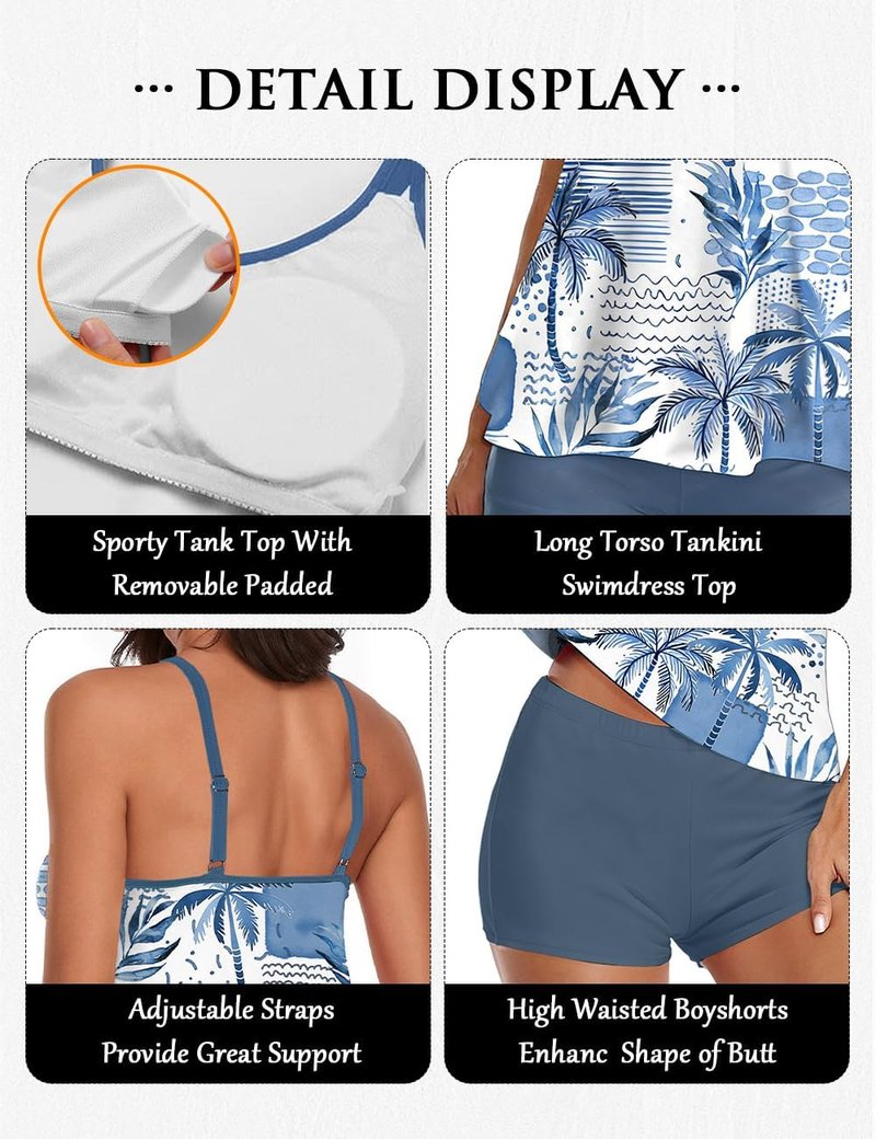 Two Piece Tankini Swimsuit for Women - Tummy Control Plus Size Long Torso Top & High Waisted Boyshorts