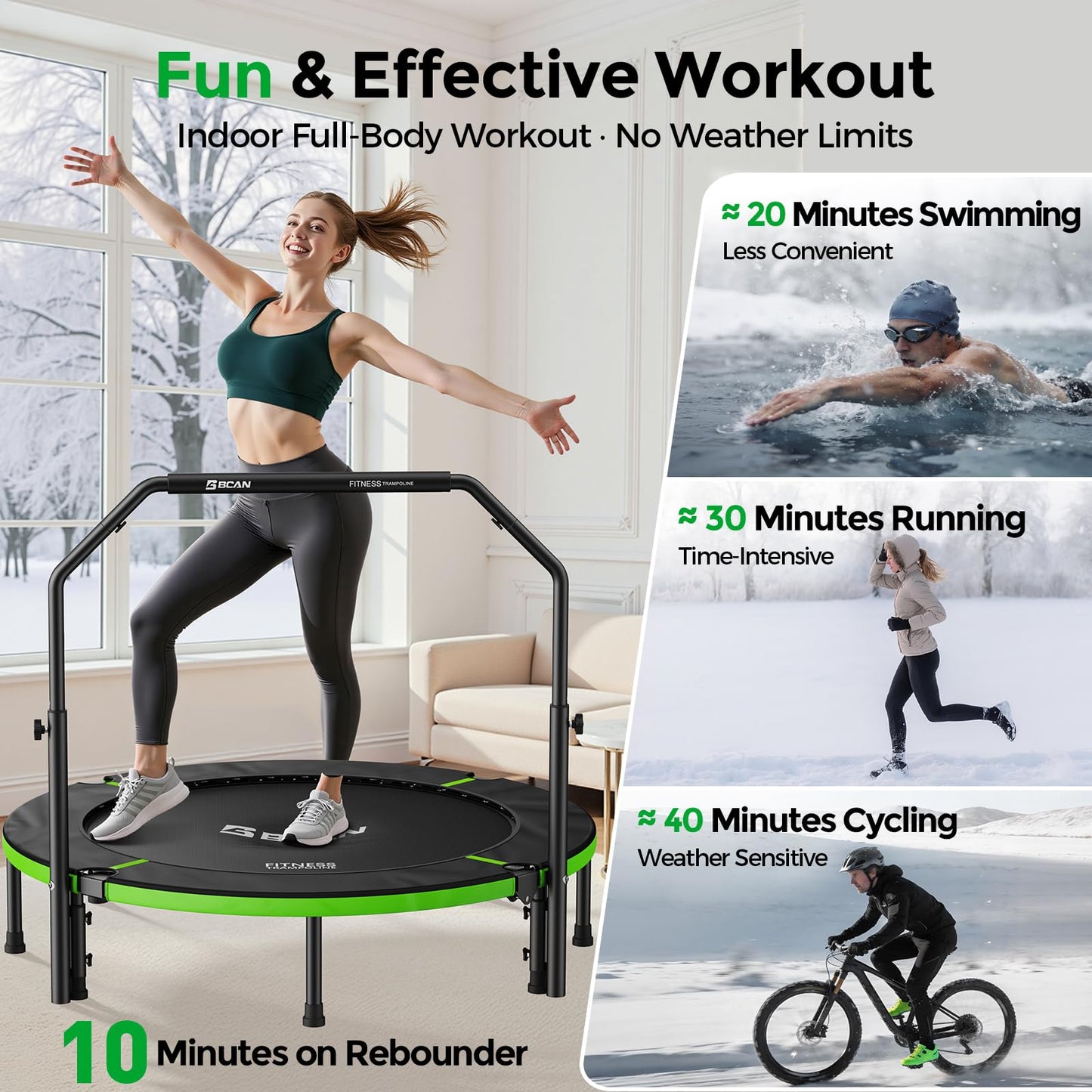 BCAN SP3 40"/48" Foldable Mini Trampoline, Rebounder Trampoline for Adults, U/T Adjustable Foam Handle, Exercise Rebounder for Adults Indoor/Garden Workout, Max Load 330lbs/440lbs-48U-Green
