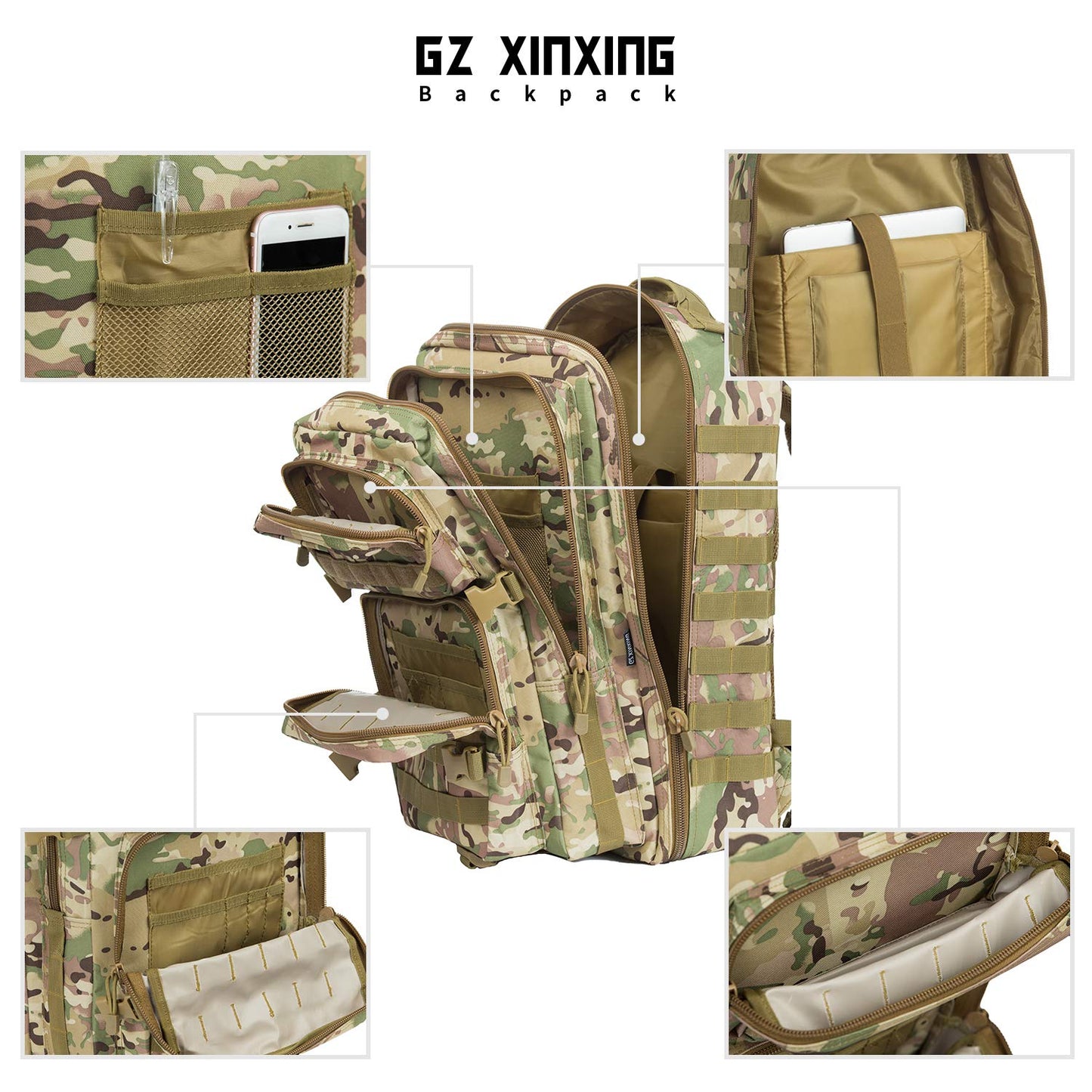 GZ XINXING 45L Large 3 day Molle Assault Pack Military Tactical Army Backpack Bug Out Bag Rucksack Daypack (CP)