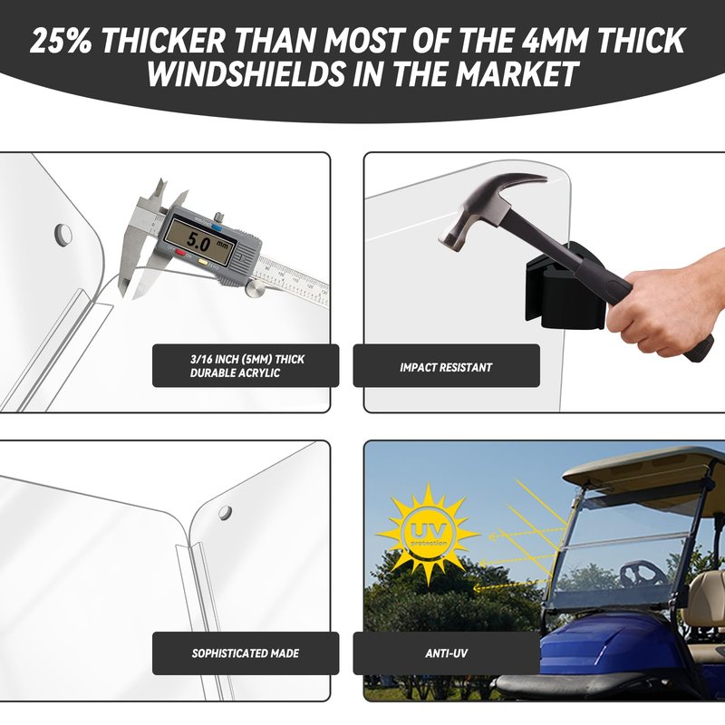 HANGKUNNEE Clear Club Car Windshield Replacement, Golf Cart Windshield Club Car DS, DS 2000.5-UP Foldable Golf Cart Front Windshield with Clear UV Protection Impact Resistant