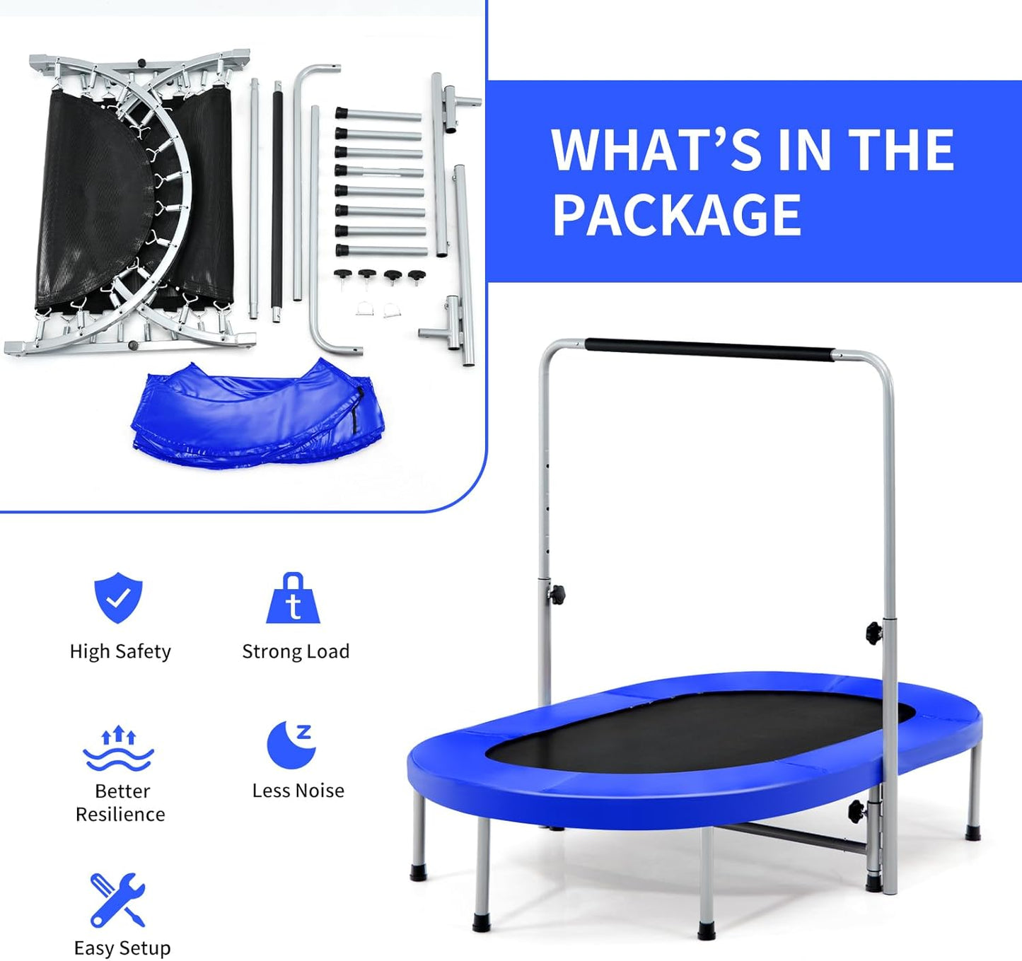 Rebounder Trampoline for Adults - 60” Foldable Mini Indoor Fitness Trampoline with Adjustable Handle & Non-Slip Pads | Max Load 330lbs