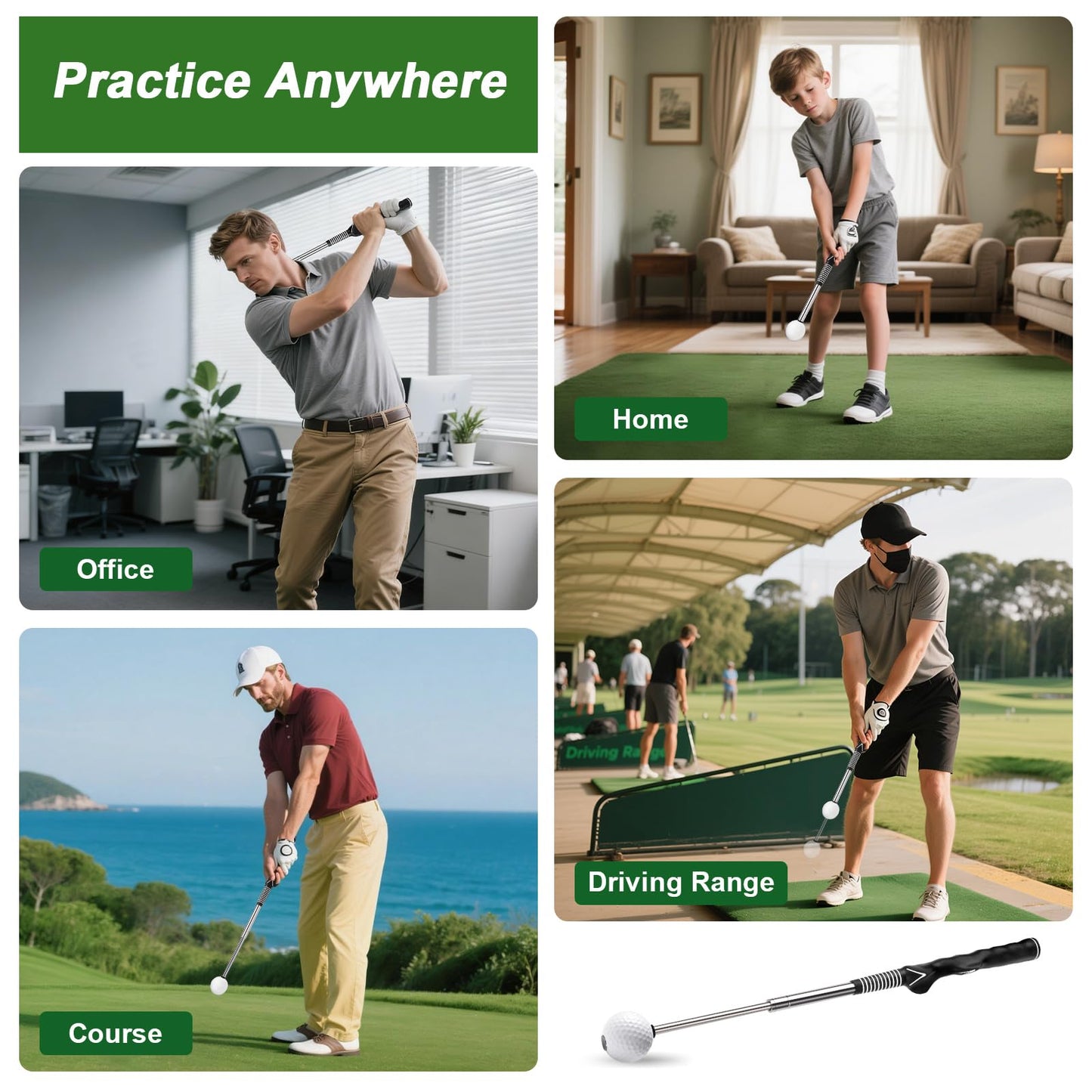 Gruyxen Retractable Golf Swing Trainer with Click Sound & Posture Correction Arm Band, Golf Grip Trainer for Right-Handed, Indoor & Outdoor Training Aid for Beginners to Pros