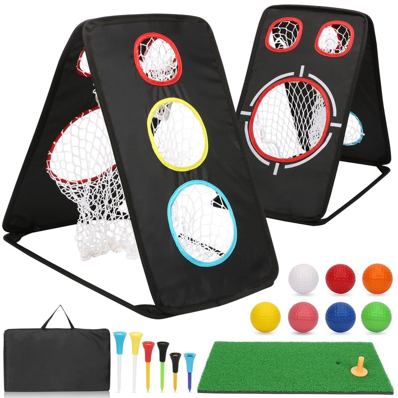 YTOPRO Golf Chipping Net: Ultra-Portable Dual-Sided Triple Target Training System with 400D Canvas for Indoor/Outdoor Backyard Practice – Includes Mat & Foam Balls & Golf Tees (Golfer Gift)