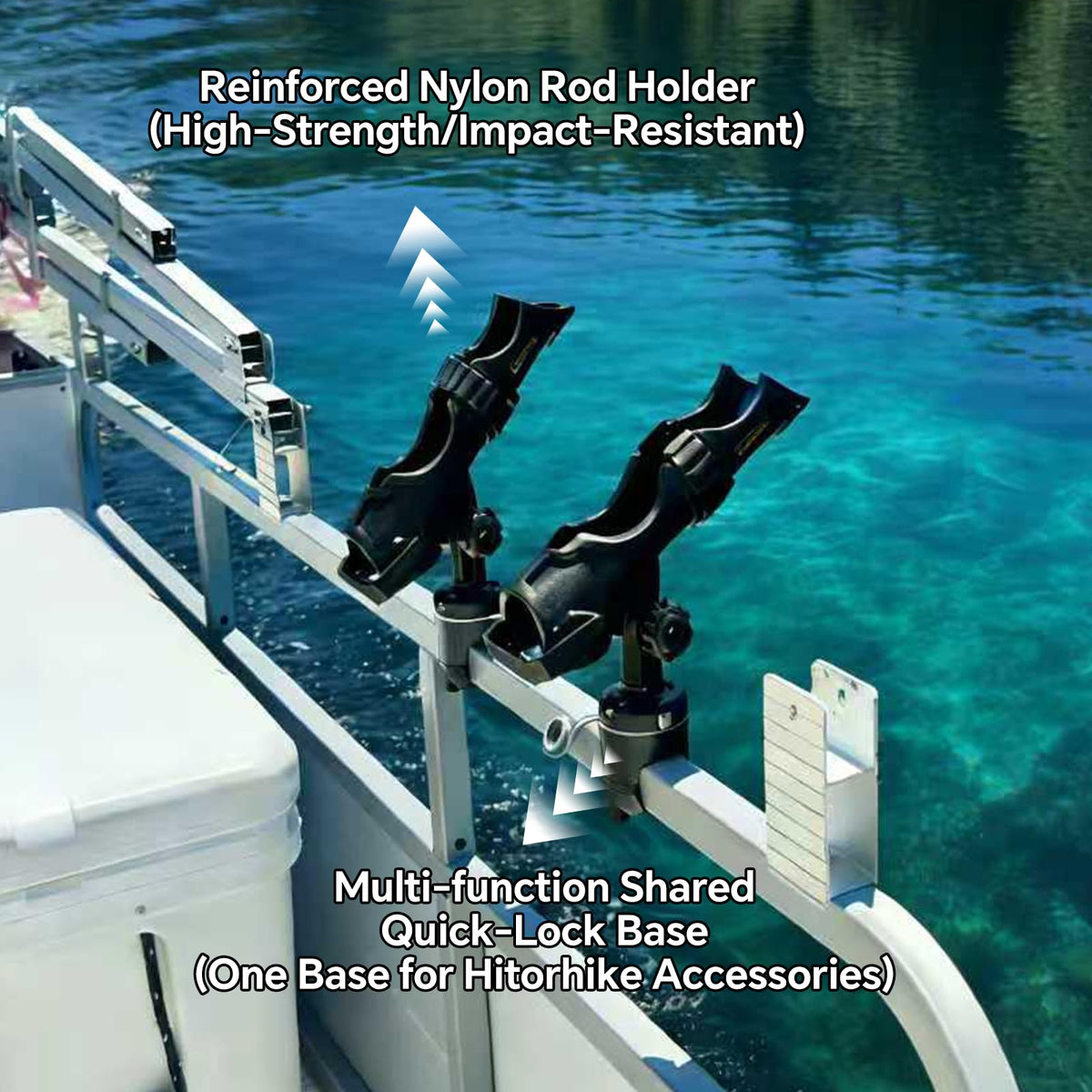 Hitorhike Fishing Rod Holder Universal Fit Kit with Mount Allows for 360-degree Adjustment Kayak Fishing Boat Powerlock Rod Holder (Fishing Rod Holder x2+Round&Square Rail Mount x2)