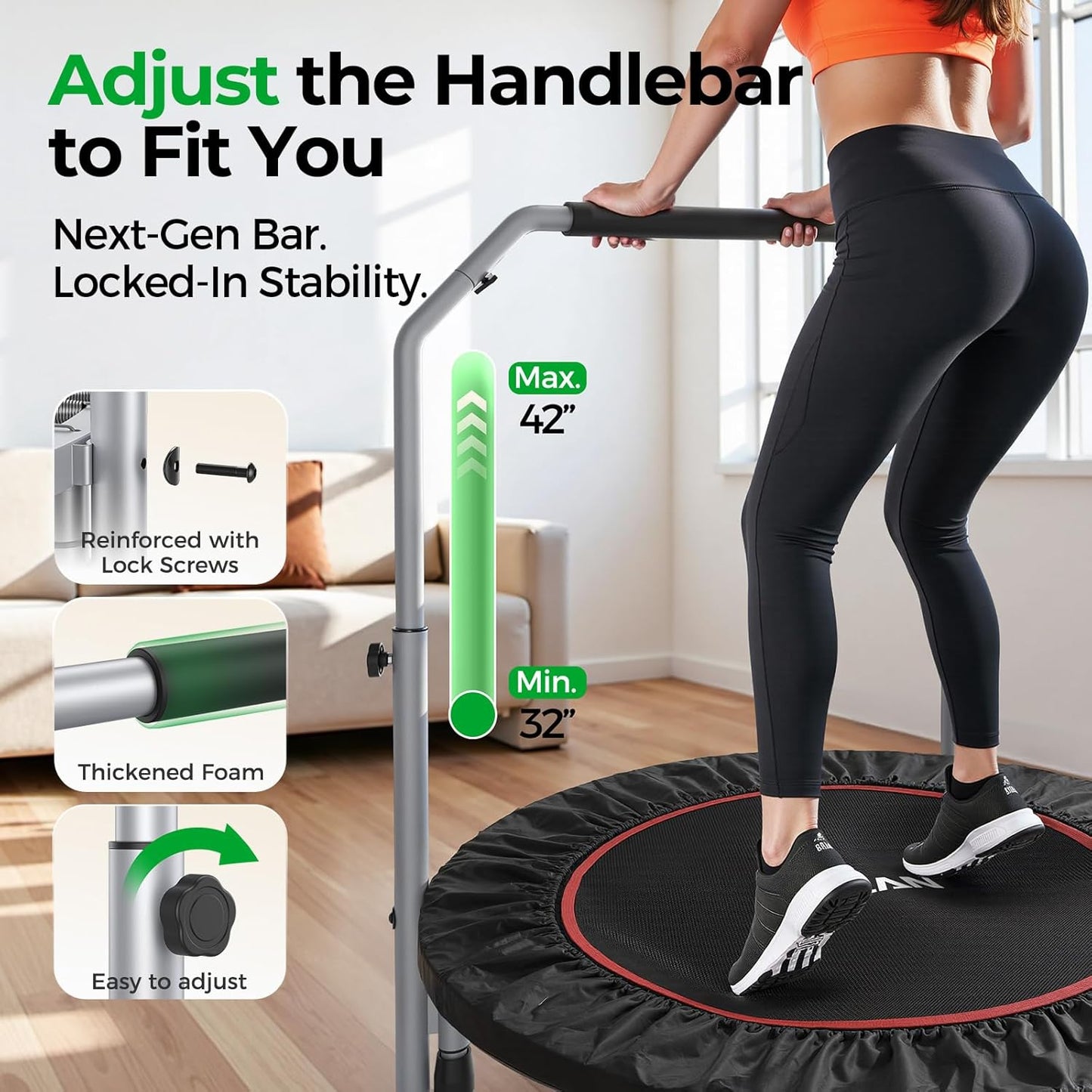 BCAN Foldable Mini Trampoline - Max Load 440lbs, Adjustable Foam Handle for Indoor & Garden Workouts | Fitness Rebounder