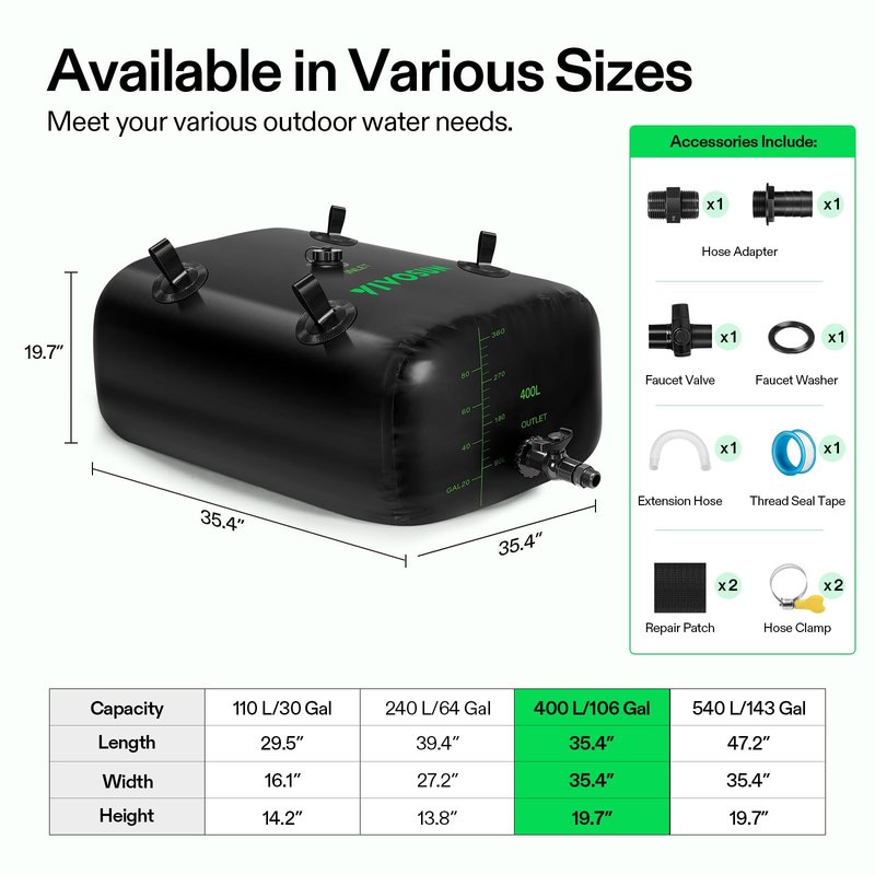 VIVOSUN 400 L/106 Gal Water Storage Bladder, Foldable and Portable Water Tank, Water Storage Bag Containers for RV, Camping, Garden, Irrigation, Drought Resistance, Firefighting