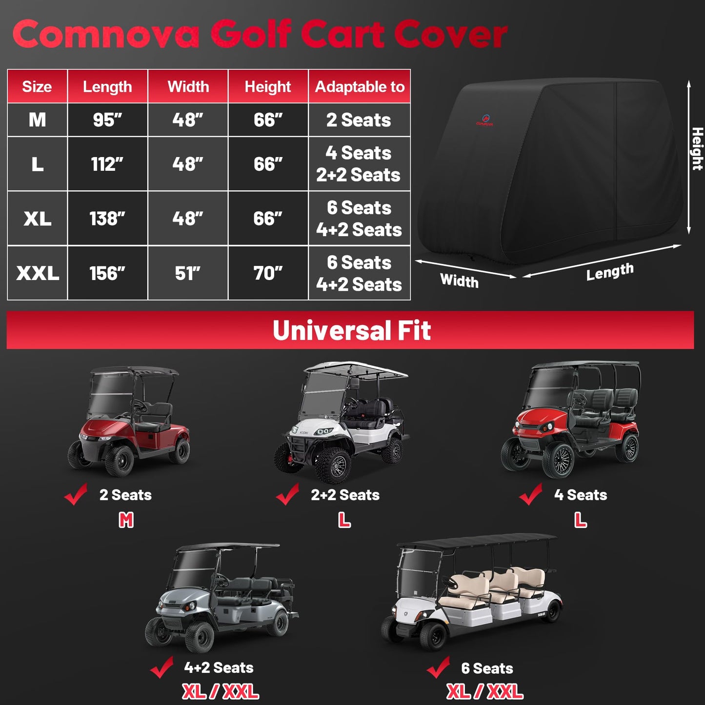 Comnova Golf Cart Cover 6 Passenger - 600D Waterproof Golf Carts Enclosure with Zipper, Windproof & UV Resistant, Outdoor Golf Cart Cover Universal Fit EZGO, Club Car, Yamaha up to 156"L x 51"W x 70"H
