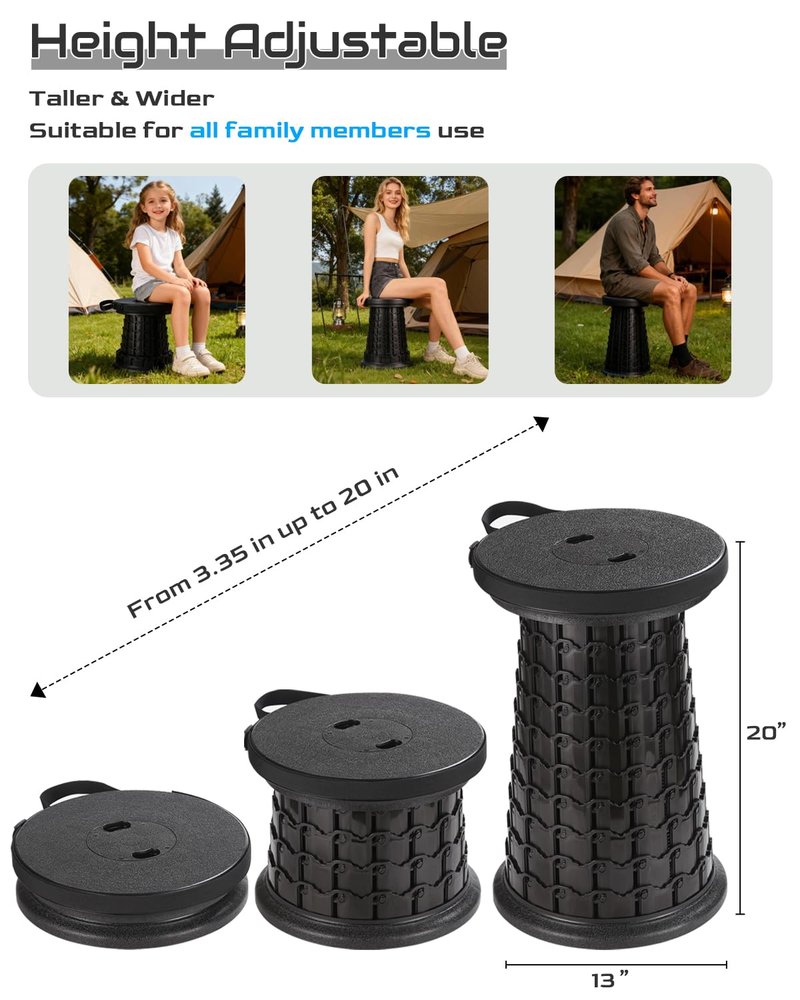 Spisces 2026 Heavy Duty XXL Collapsible Stool | 1000lbs Capacity, 20-in Taller & 13-in Wider Foldable Retractable Telescoping Stool for Adults, Oversized Camping, Fishing, Concert, Event, Stadium