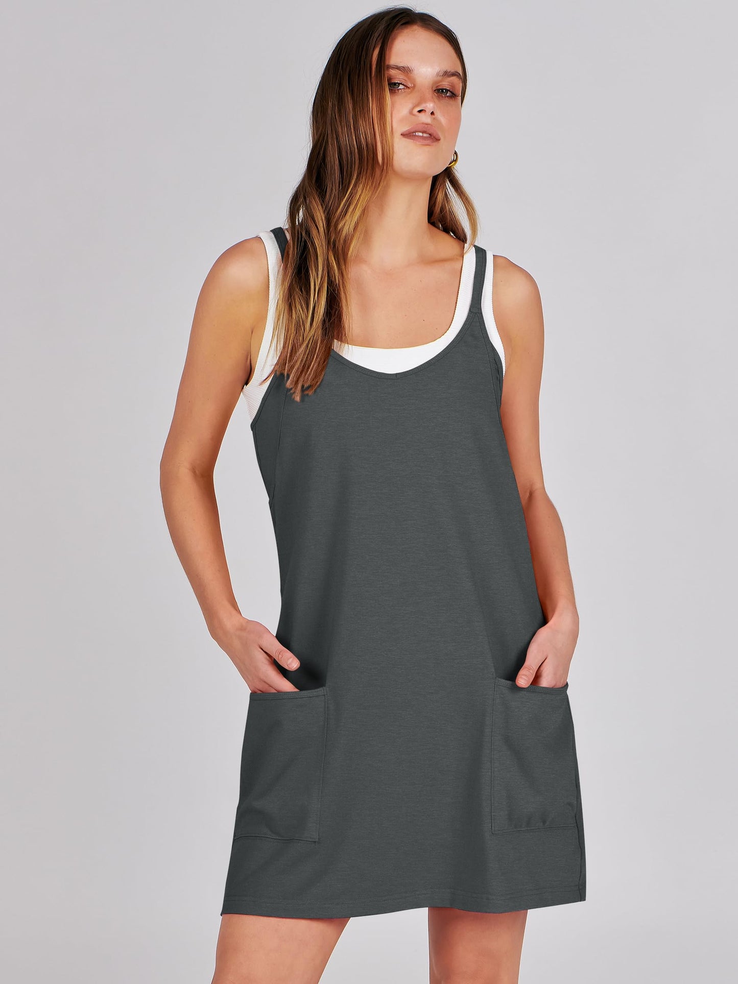 ANRABESS Women Athletic Dress Summer Tennis Workout Active Sports Mini Romper Dress Built in Shorts Travel Vacation Clothes Deep Gray Small