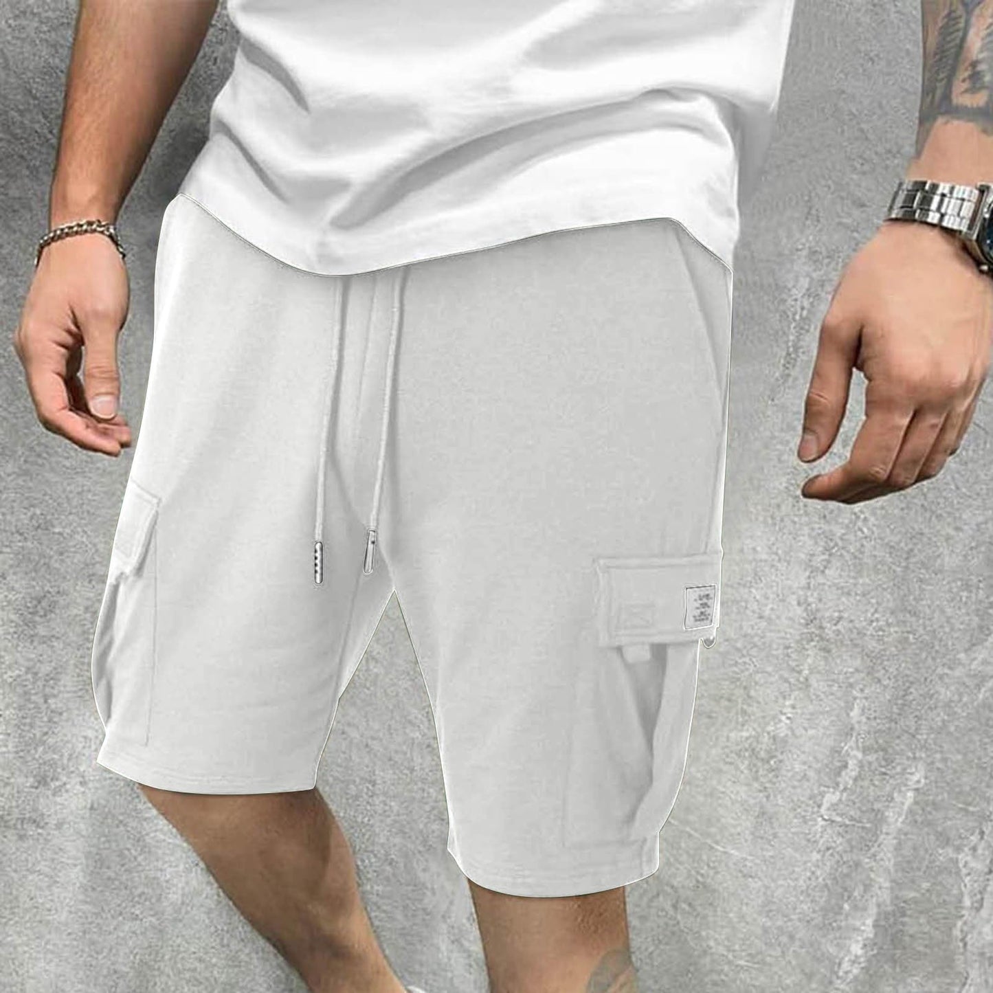 Generic Cargo Shorts for Men Stretch Waist Casual Shorts Summer Cotton Shorts Workout Gym Shorts Outdoor Hiking Shorts with Pockets White, Large