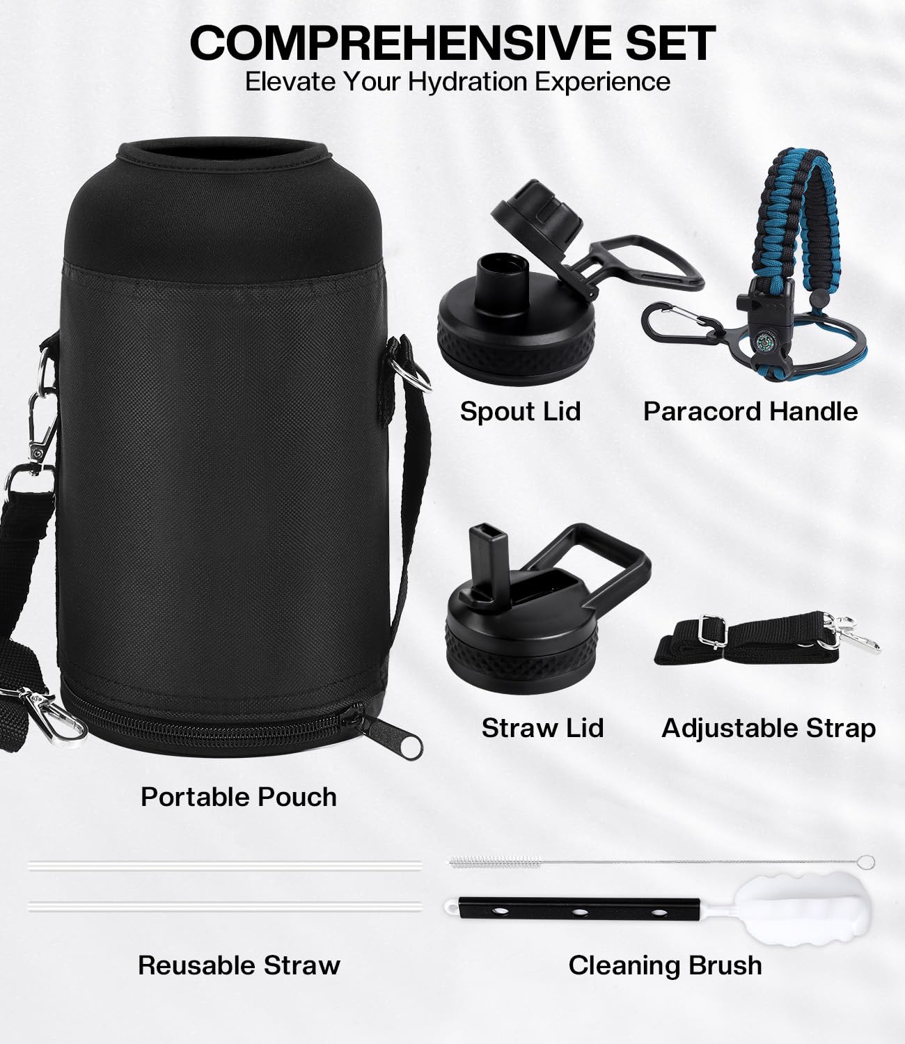 KOLETIKO Insulated Water Bottle 64 oz, Vacuum Stainless Steel Water Bottles Keep COLD 36 Hrs, Leak Proof Half Gallon Water Jug Flask with Paracord Handle, Straw & Spout Lid, BPA Free, Indigo Black