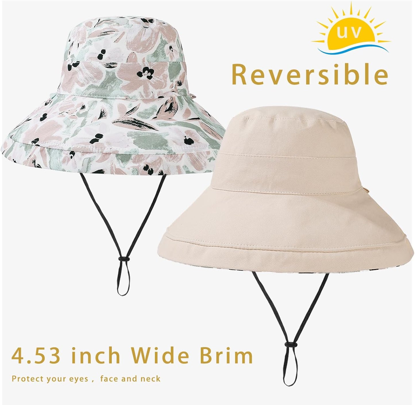 Womens Sun Hats - Wide Brim Reversible Bucket Hat for Summer Travel | UV Protection, Packable Cotton