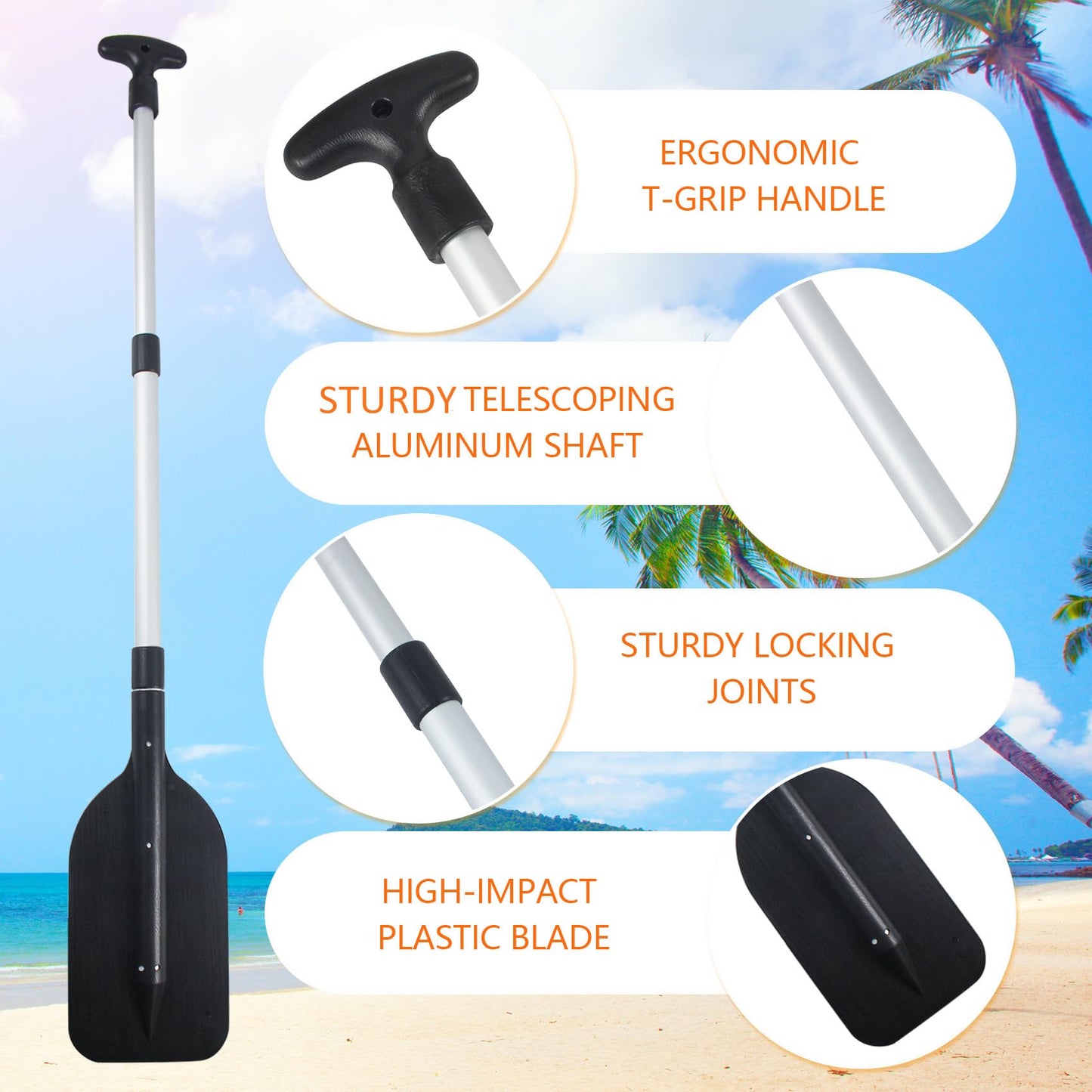 VEITHI Boat Paddle Telescoping Collapsible Oar for Boat Anti Slip Aluminum Plastic Canoe Paddles 2 Pack Small Tubing Floats Oars Row and Safety Boat Accessories for Kids and Adults(Black)