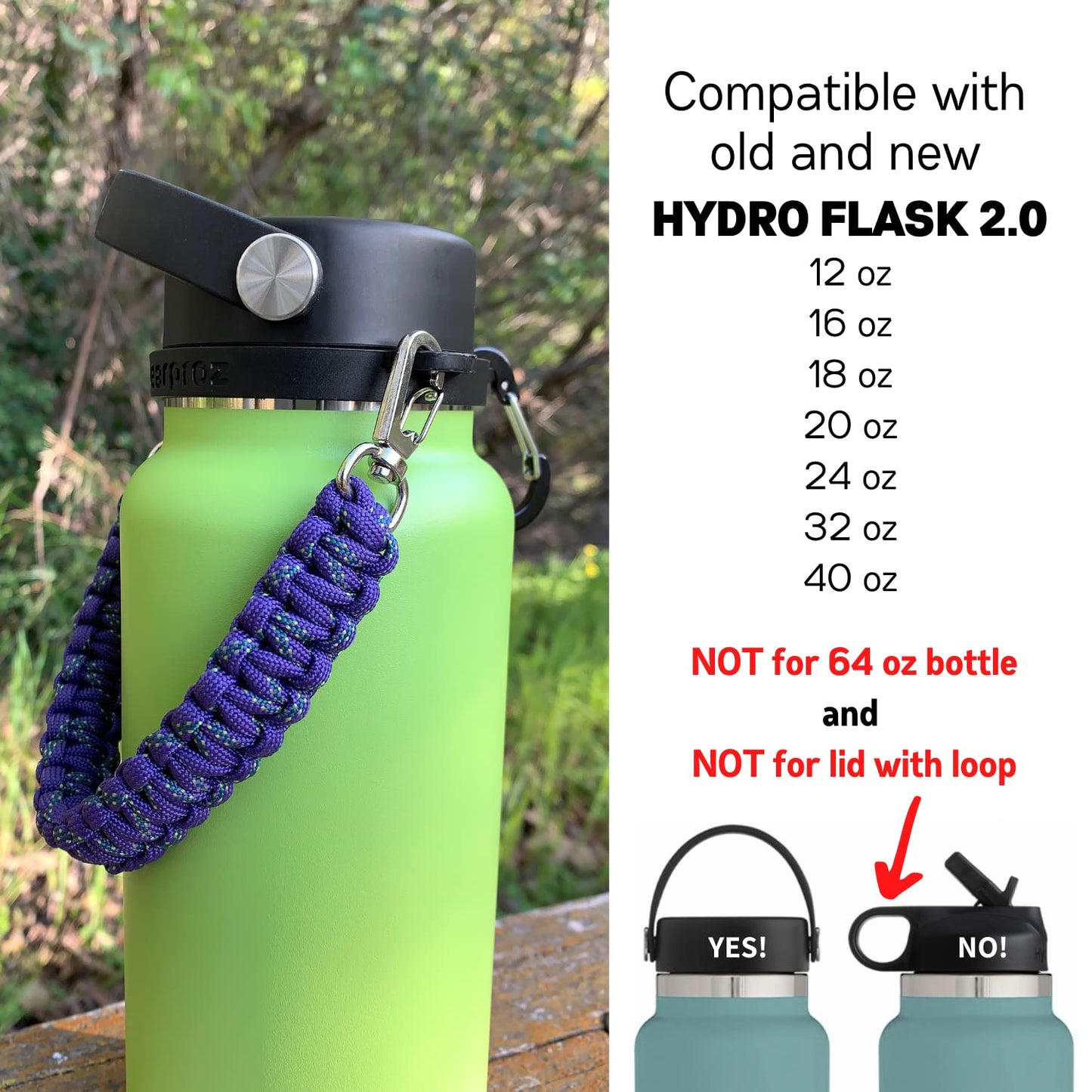 Gearproz HydroCord 2.0 Handle with Wide Mouth Ring and Carabiner, Compatible with 12-40 oz Water Bottles, Hydroflask 1.0, Iron Flask, Thermoflask, NOT for Lid with Loop (Black)