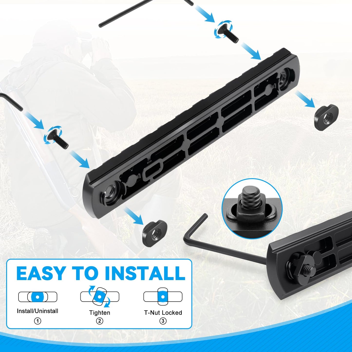 REERON Single Picatinny Rail Section Adapter 6 Pack 3 5 7 9 11 13 Slot Aluminum Picatinny Rails Accessory with 13 T-Nuts & Screws, 3 Allen Wrench - Rounded Corner, Black