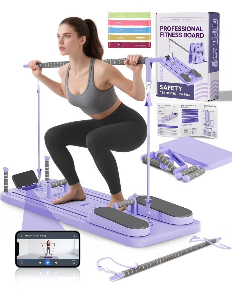 AMAZINGHOME Pro Foldable Pilates Board & Reformer Machine - Multifunctional Home Gym with Ergonomic Elbow Pads, Yoga Bar & Timer, 300lbs Capacity Core Workout Pilates Equipment (Purple)