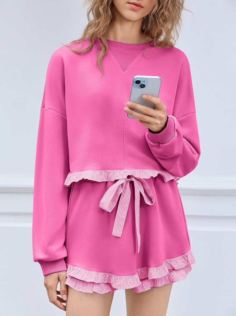 Women's Color Block Ruffle Cropped Sweatshirt & Drawstring Waist Shorts Lounge Set | Comfortable Casual Outfit