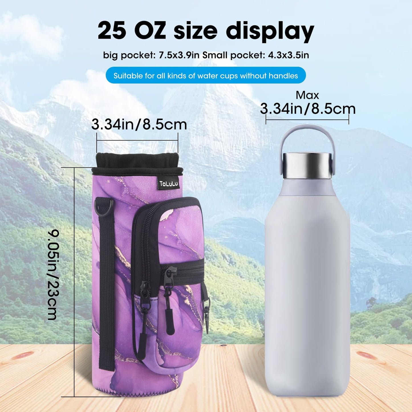 ToLuLu Water Bottle Carrier Bag 25/32/40oz with Pocket, Insulated Neoprene Adjustable Shoulder Strap Water Bottle Pouch Case, Crossbody Water Bottle Holder Sling Sleeve for Kids Adults,Purple Marble