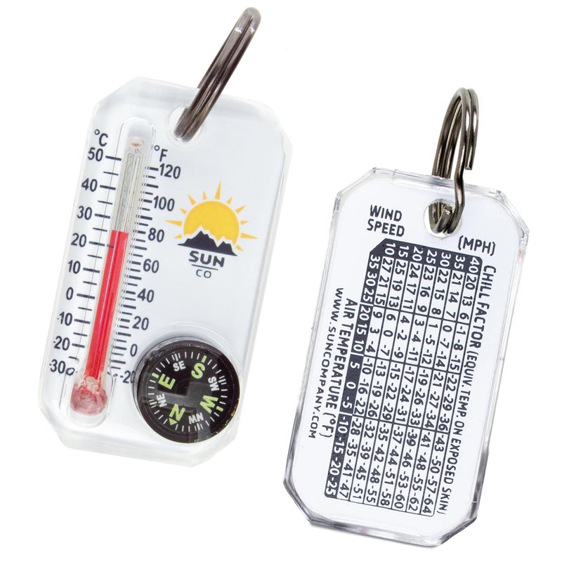 Sun Company Therm-o-Compass | Multi-Functional Zipper Pull Compass & Thermometer with Wind Chill Chart | Ideal for Camping, Hiking, and Outdoor Navigation