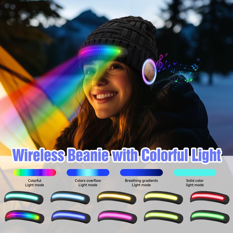 Colorful Light Beanie Hat with Bluetooth, Unisex Wireless Beanie Cap Headlamp Music hat, Windproof Warm Knit hat for Winter, Multi Light Modes