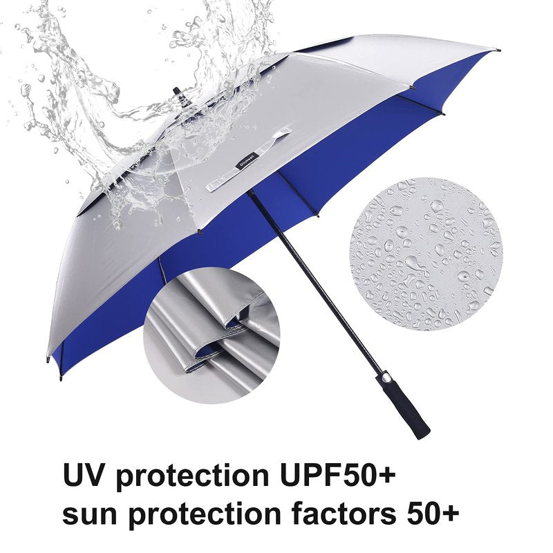 Doubwell UV protection golf umbrella 62/68 Inch UPF 50+ large umbrella automatic open windproof sturdy construction shade for blocking sun and rain (68 inch, Silver/Blue)