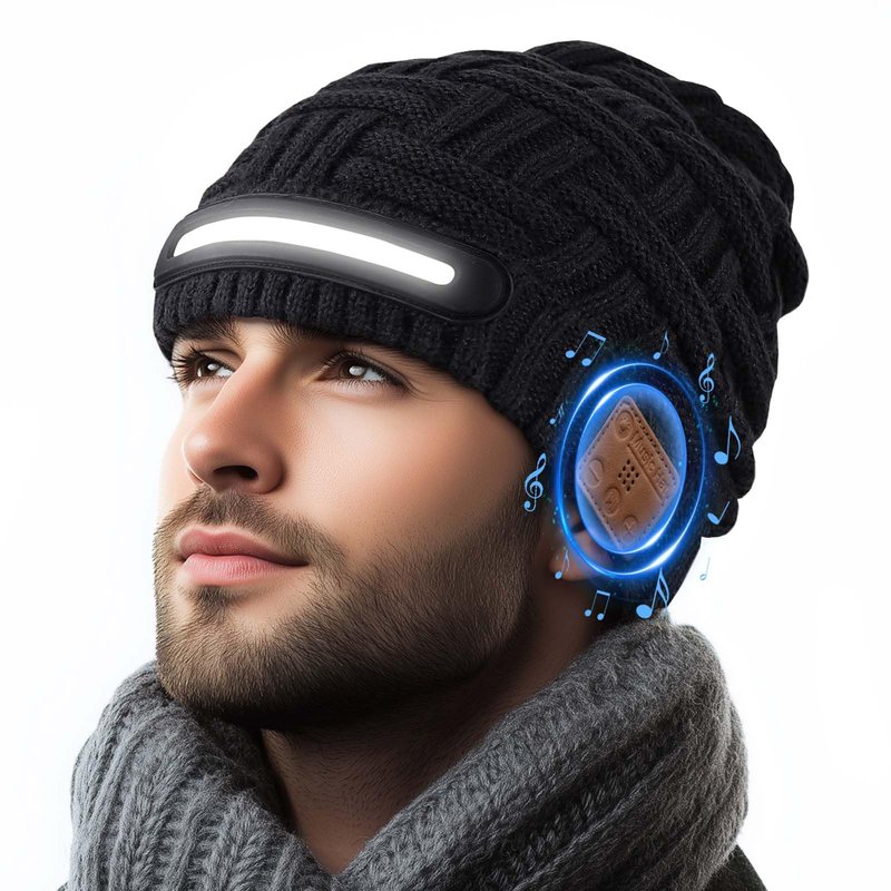 Bluetooth Beanie with Light, Music Knitted Hat, USB Rechargeable, Contains 40 White Light Beads, Winter Christmas Gift for Family, Men, Dad and Father