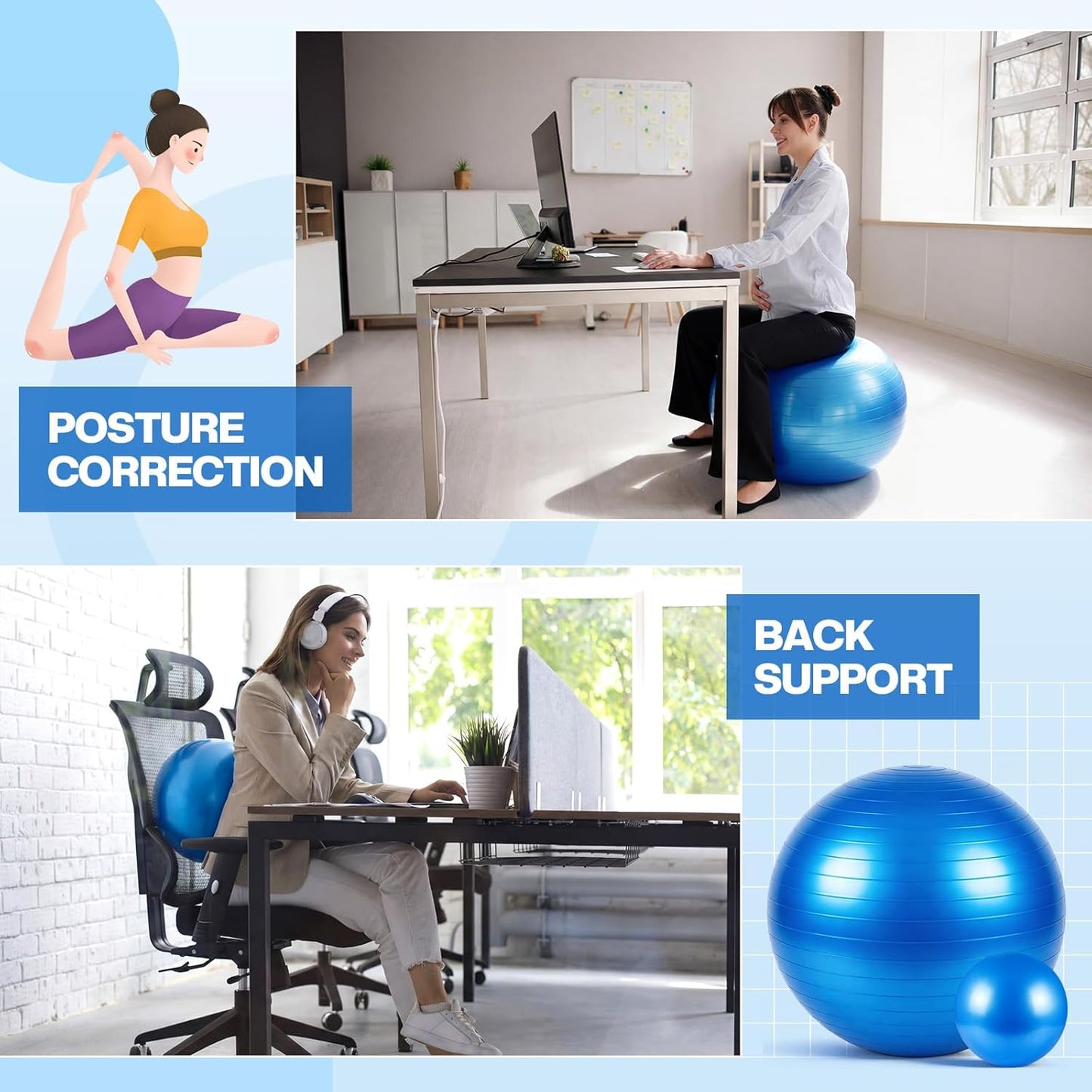Exercise Ball Set - Yoga & Pilates Stability Balls for Pregnancy | Anti-Burst 23-26 Inch & 9 Inch with Foot Pump for Home, Office & Gym