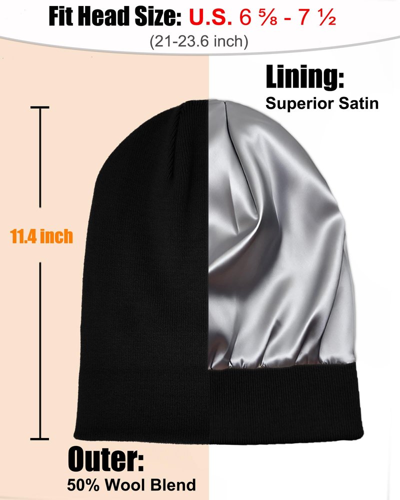 Satin Lined Beanie Hat for Women Men, Wool Knit Cuffed Silk Lining Fisherman Beanies Slouchy Warm Winter Hats Skull Cap Unisex, Black