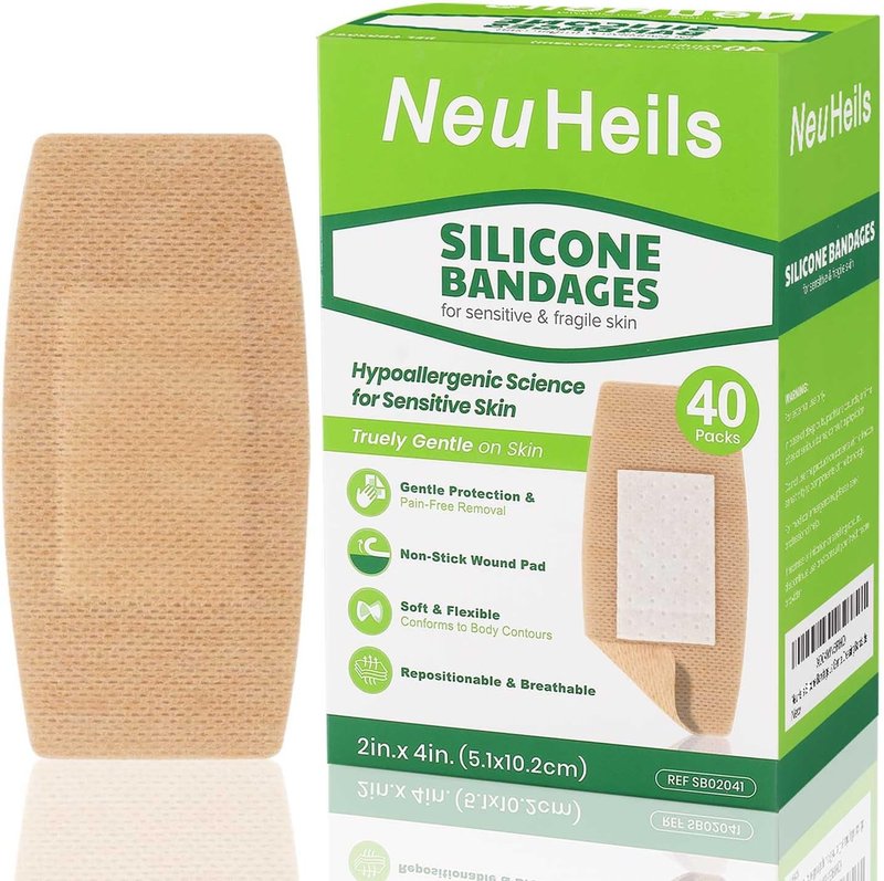 Silicone Bandages for Sensitive Skin - Hypoallergenic & Waterproof Wound Care | Large 2x4 Inch (40 Count)
