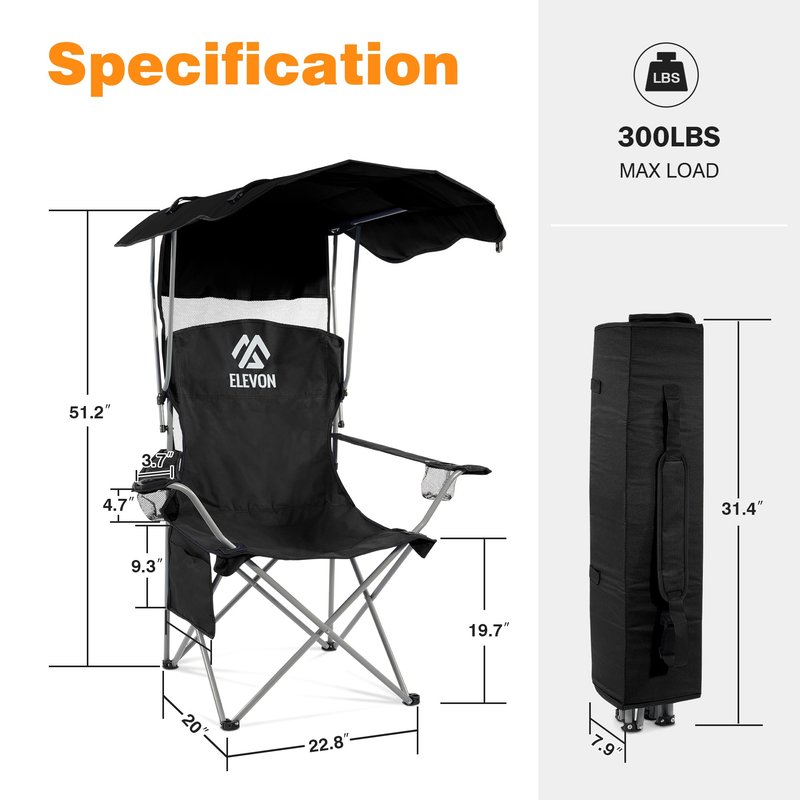 Elevon Camping Chair, Oversized Folding Chair with Canopy, Portable Outdoor Chair with Arms, Cup Holder and Carry Bag for Camping, Fishing, Beach, and Sports, Indigo