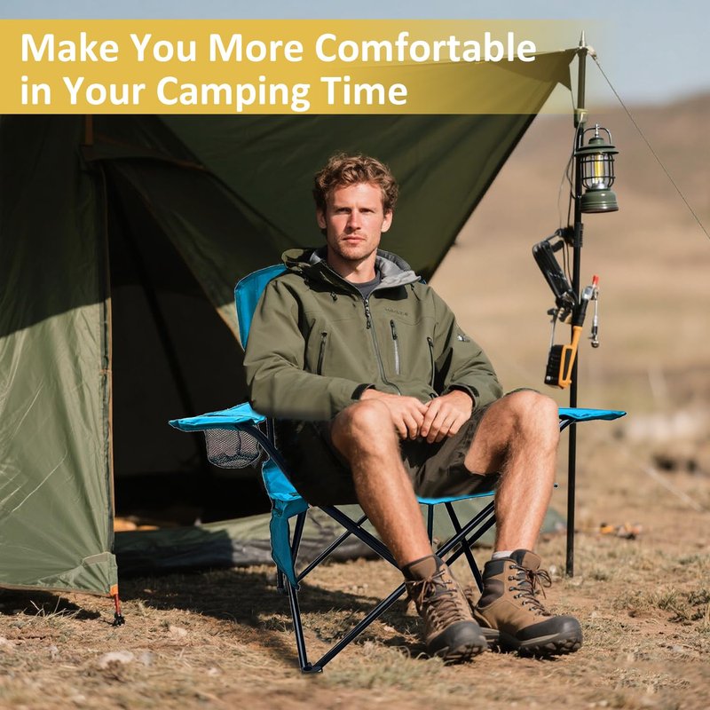 VOYSIGN Folding Camping Chair with Cup Holder & Storage Bag, 225lbs Capacity, Large Anti-Sink Feet, Breathable PE Coated Fabric for Outdoor, Hiking, Beach, Fishing, Backpacking, Blue