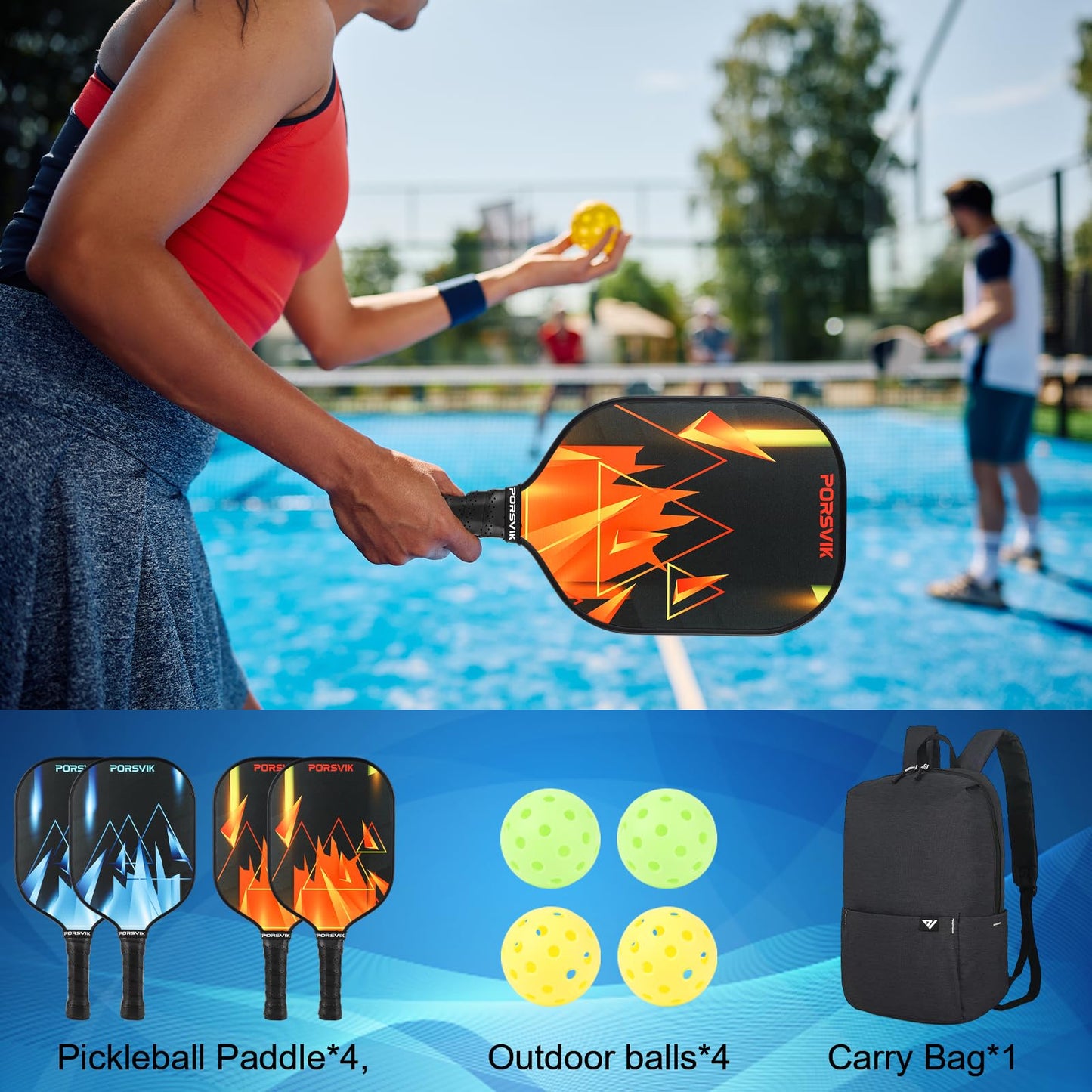 PORSVIK USAPA Approved Pickleball Paddles Set of 4 - Carbon Fiber Surface, Enhanced Honeycomb Core, Anti-Slip Grip, Includes 4 Pickleballs and Carry Bag