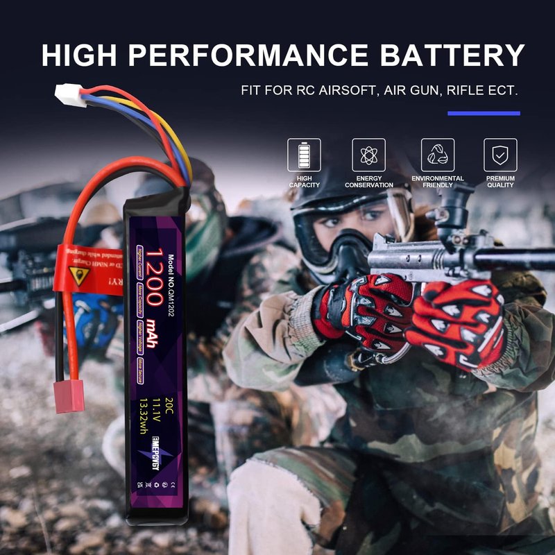 EMEPOVGY 3S Lipo Airsoft Battery 11.1V 1200mAh 20C Rechargeable Lithium Polymer Battery Pack with T Plug for Airsoft Guns Rifle - 2096