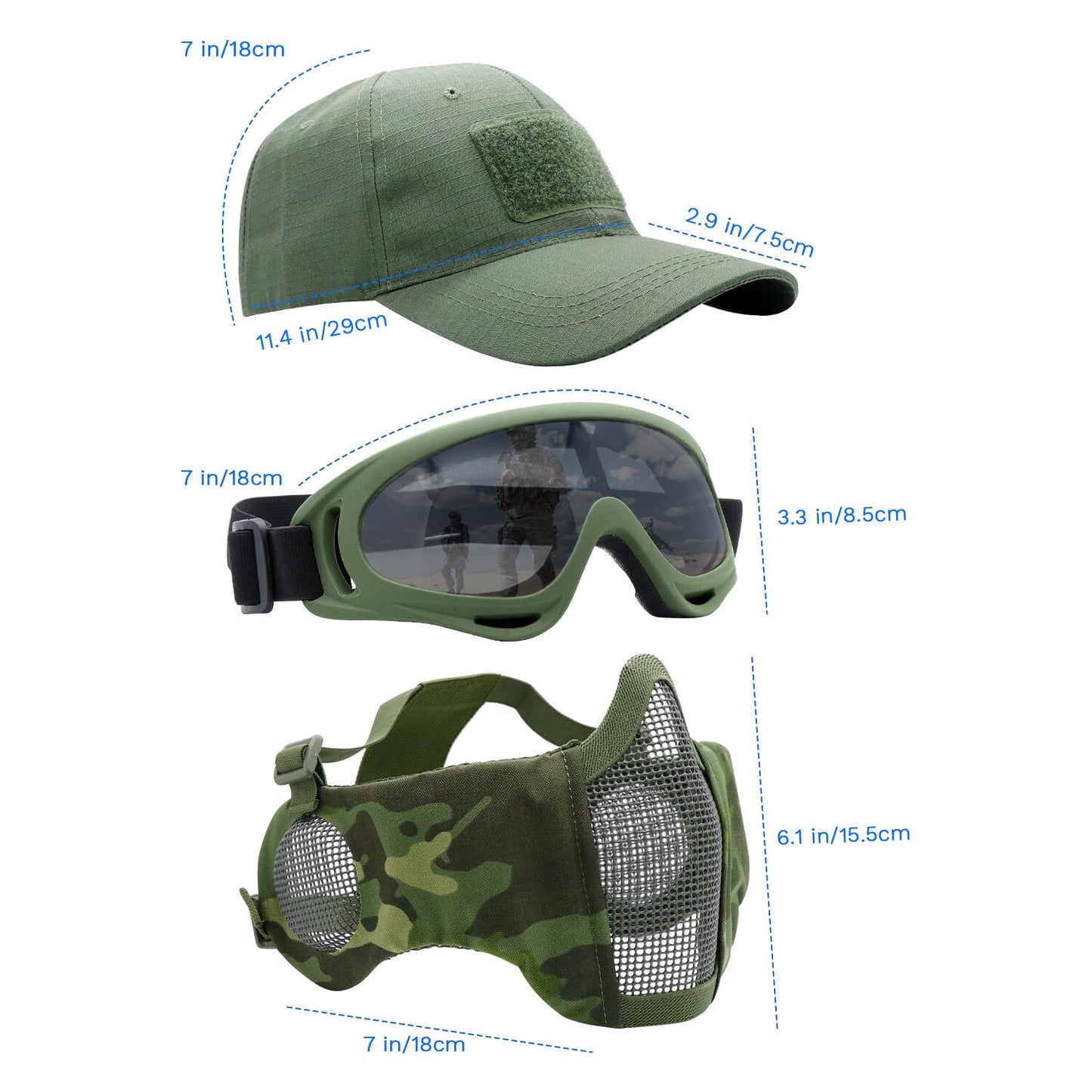 Yzpacc Airsoft Half Face Mask with Goggles Patch Hat Set Tactical Masks Full Face Ear Protective Baseball Cap for CS Halloween and Game