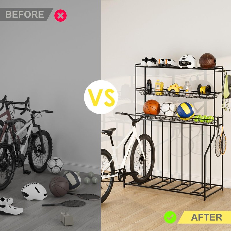 Kificet 4 Bike Stand, Bike Rack Garage with 3-Tier Storage Rack, Bicycle Stand for Garage Organizer, Indoor Sporting Gear Storage Station for Mountain/Road/Hybrid & Fat Tire Bike, Patent Pending