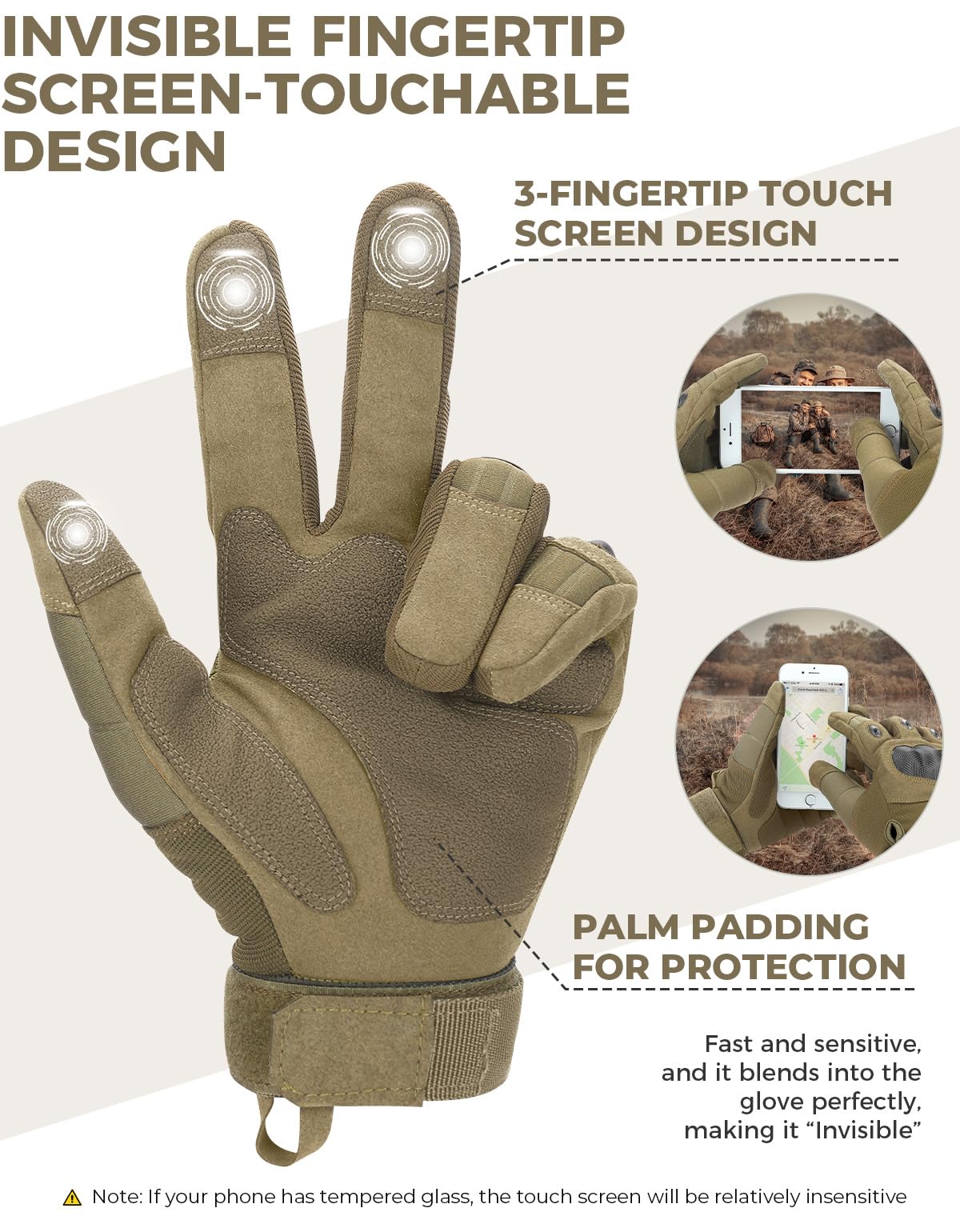 KEMIMOTO Tactical Gloves for Men, Touchscreen Motorcycle Gloves with Hard Shell & Palm Padding for Sports Motorcycle Cycling Tactical Airsoft Paintball Hunting Hiking Camping Climbing (Brown,Medium)