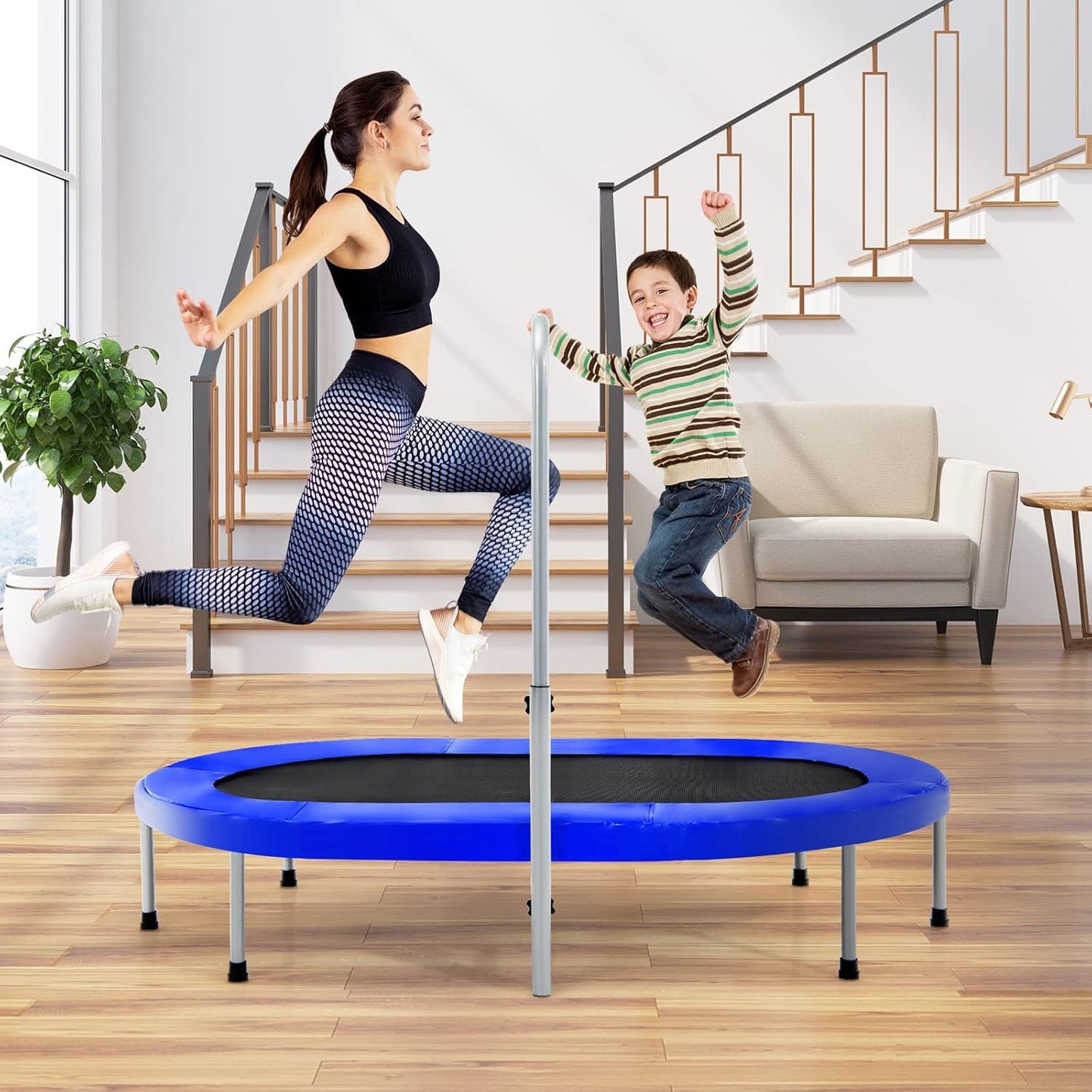 Rebounder Trampoline for Adults - 60” Foldable Mini Indoor Fitness Trampoline with Adjustable Handle & Non-Slip Pads | Max Load 330lbs