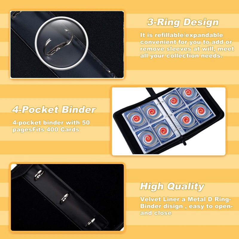 Trading Card Binder - 400 Pocket Card Book Holder with 50 Removable Sleeves | Waterproof PU Material, Portable Collectible Album