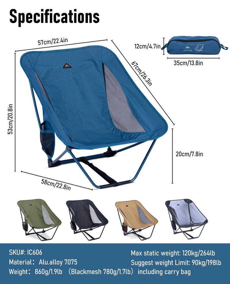 iClimb Low Ultralight Compact Camping Folding Chair with Side Pocket and Carry Bag (Blue)