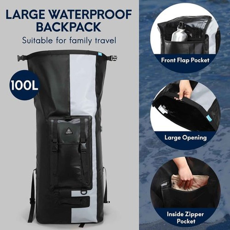 Haimont 100L Waterproof Backpack Large Roll Top Dry Backpacks Marine Dry Bags with Air Valve Travel Surfing Black/Grey